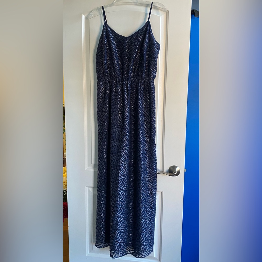 Lilly Pulitzer Deanna Navy Silver Maxi Spaghetti Straps L perfect for any event